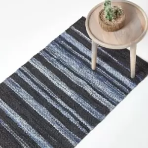 Texas Leather & Denim Woven Striped Blue Rug, 66 x 200cm - Blue - Homescapes