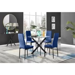 Furniturebox UK - Furniturebox Novara Black Leg 120cm Round Glass Dining Table & 4 Navy Milan Velvet Dining Chairs With Black Legs Diamond Stitch