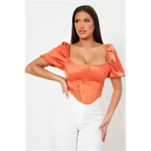 I Saw It First Orange Satin Puff Sleeve Corset Top - Orange