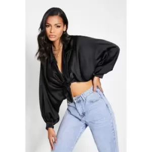 I Saw It First Satin Tie Front Cropped Shirt - Black