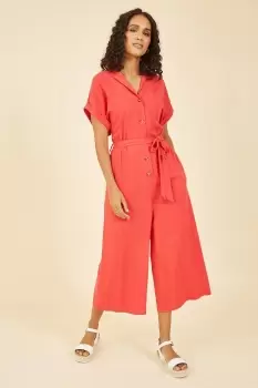 Red Linen Blend Button Up Jumpsuit