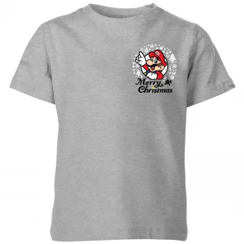 Nintendo Super Mario Mario Merry Christmas Pocket Wreath Kid's T-Shirt - Grey - 3-4 Years