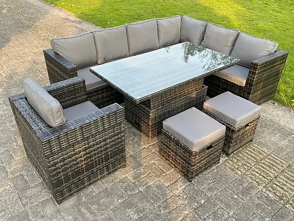 Fimous 7 Seater Outdoor Dark Grey Rattan Lounge Complete Sofa Set Right Side with Adjustable Dining Table and 2 Stools