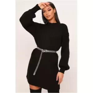 I Saw It First Black Balloon Sleeve Rib Knitted Jumper Dress - Black