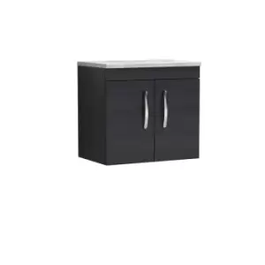 Nuie Athena 600 Wall Hung 2-door Vanity & Bellato Grey Worktop - Black Woodgrain