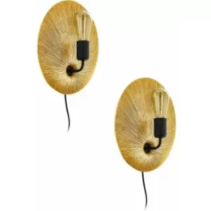 Loops - 2 pack Wall Light Colour Gold BlackFan Shaped Back Plate Plug In Bulb E27 1x60W