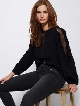 Mint Velvet Lace Insert Ruffled Top - Black, Size 12, Women