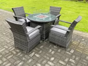 Fimous 4 Seater Outdoor Dark Grey Rattan Lounge Complete Dining Set with Gas Fire Pit and Round Dining Table