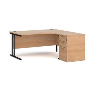 Office Desk Right Hand Corner Desk 1600mm With Pedestal Beech Top With Black Frame Maestro 25