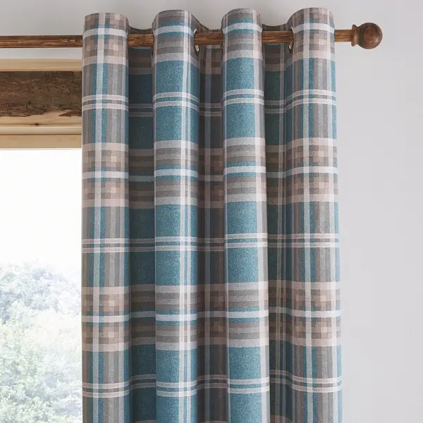 Catherine Lansfield Tweed Woven Check Teal Eyelet Curtains Blue/Brown