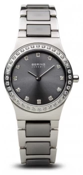 Bering Womens Ceramic Polished Silver Crystal Set Grey Watch