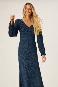 Blue Spot V Neck Midi Dress