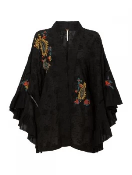 Free People Long Sleeve Ebroidered Dotty West Kimono Black