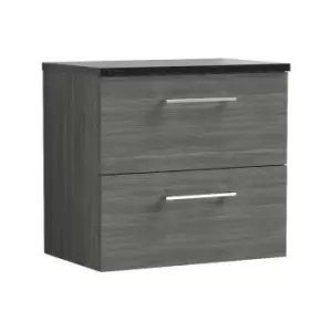 Nuie Arno Anthracite 600mm Wall Hung 2 Drawer Vanity Unit with Sparkling Black Laminate Worktop - ARN524LSB - Anthracite