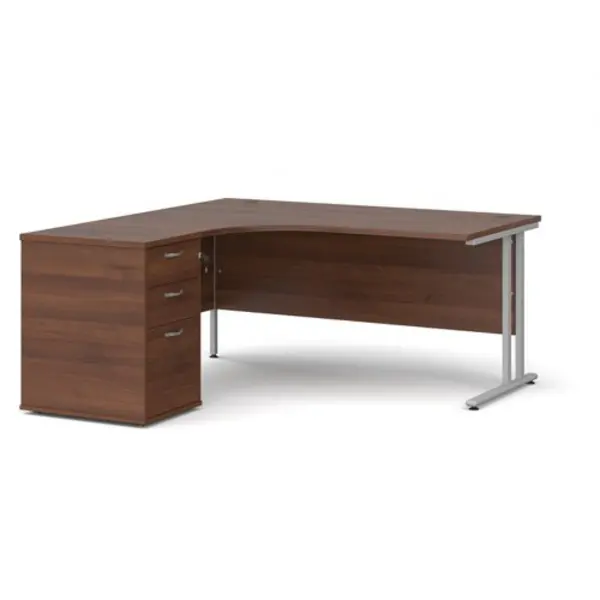 Office Desk Left Hand Corner Desk 1600mm With Pedestal Walnut Top With Silver Frame Maestro 25