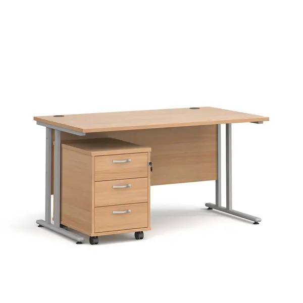 Maestro 25 Straight Desk Silver Frame, Beech Table Top and 3 Drawer Pedestal - 1400mm