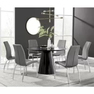 Furniturebox Palma Black Semi Gloss 120cm Round Minimalist Dining Table & 6 Grey Isco Chairs