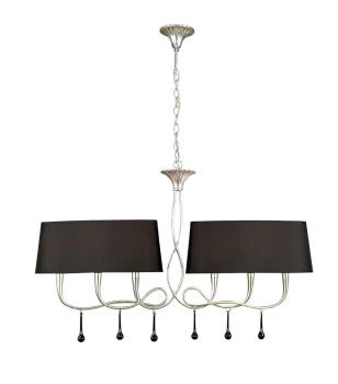 Paola Ceiling Pendant 2 Arm 6 Light E14, Silver Painted with Black Shades & Black Glass Droplets