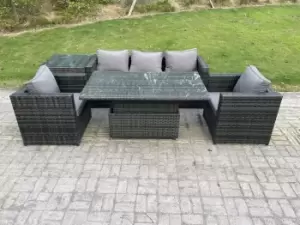 Fimous 5 Seater Outdoor Dark Grey Rattan Lounge Complete Sofa Set with Adjustable Dining Table and Side Table