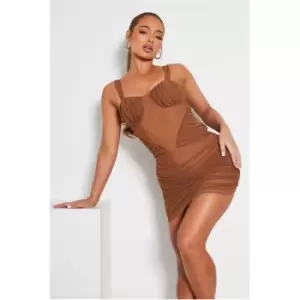 I Saw It First Mesh Ruched Corset Bodycon Dress - Brown