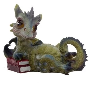 Green Baby Dragon Lying with Books Figurine