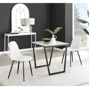 Furniturebox UK - Furniturebox Carson White Marble Effect Square Dining Table & 2 White Corona Faux Leather Dining Chairs with Black Legs Diamond