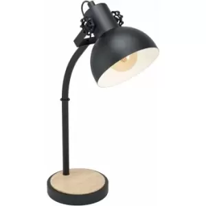 Curved Table Lamp Desk Light Black Steel Shade & Wood Base 1 x 28W E27 Bulb