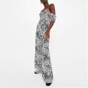 Missguided Zebra Print Shirred Bardot Jumpsuit - White