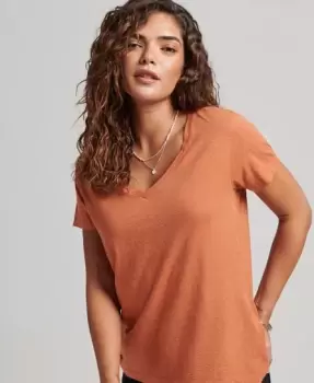 Superdry Womens Slub Jersey V-Neck T-Shirt Orange / Tabasco Marl - Size: 8