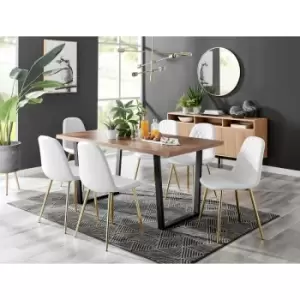 Kylo Brown Wood Effect Dining Table & 6 White Corona Faux Leather Dining Chairs with Gold Legs Diamond Stitch - White