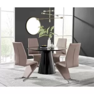 Furniture Box Palma Black Semi Gloss Round Dining Table and 4 Cappuccino Willow Chairs