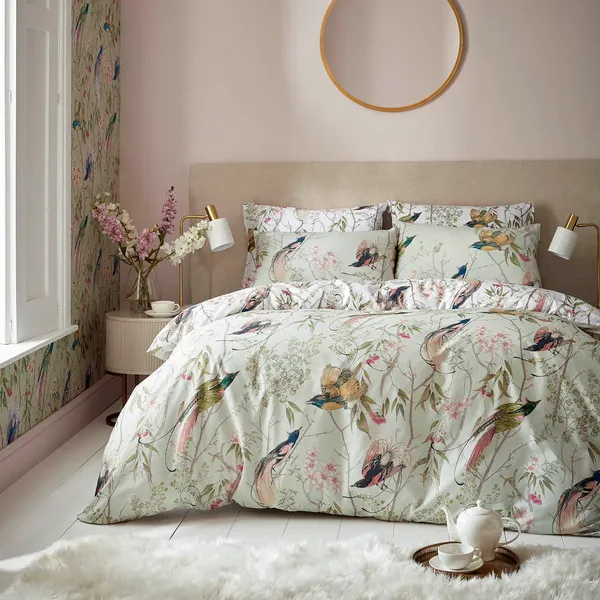 Graham & Brown Clavering Birds Duvet Set, King, Sage Green