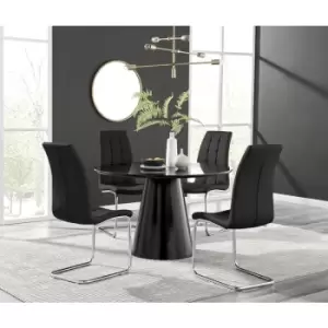 Furniturebox Palma Black Semi Gloss 120cm Round Minimalist Dining Table & 4 Black Murano Chairs