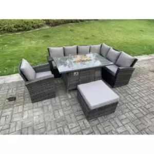 Fimous 7 Seater Outdoor Dark Grey Rattan Lounge Complete Sofa Set with Gas Fire Pit and Big Footstool