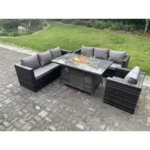 Fimous 7 Seater Dark Grey Outdoor Rattan Gas Fire Pit Sofa Dining Complete Set with Heater Burner,