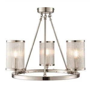 3 Light Semi flush Bright Nickel, Ribbed Glass With Bubbles, E14