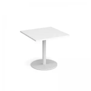 Monza square dining table with flat round white base 800mm - white