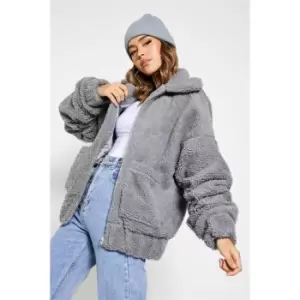 I Saw It First Borg Zip Up Ruched Sleeve Detail Coat - Grey