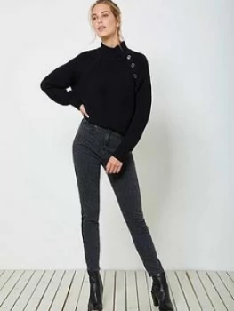 Mint Velvet Split Neck Chunky Cotton Jumper - Black, Size S, Women