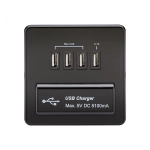 KnightsBridge 1G Screwless Matt Black Quad USB 5V Charger Outlet - Black Insert