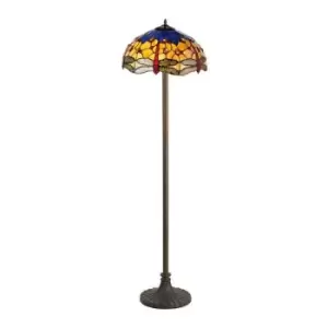 Luminosa Lighting - 2 Light Stepped Design Floor Lamp E27 With 40cm Tiffany Shade, Blue, Orange, Crystal, Aged Antique Brass