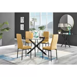 Furniture Box Novara Black Leg 120Cm Round Glass Dining Table and 4 Mustard Velvet Milan Black Leg Chairs