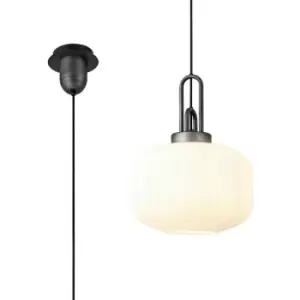 Luminosa 1 Light Pendant E27 With 30cm Pumpkin Shaped Ribbed Glass, Opal Black, Aged Pewter