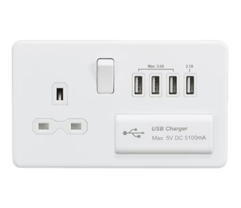 KnightsBridge Screwless 13A switched socket with quad USB charger (5.1A) - matt white