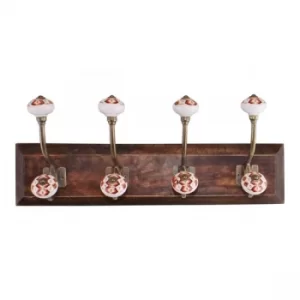 4 Double Coat Hooks, Kasbah Design on Wooden Base