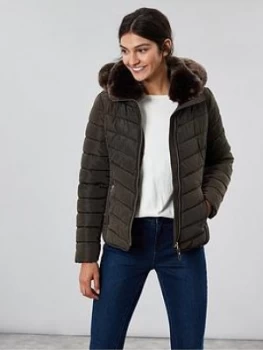 Joules Gosway Padded Luxe Faux Fur Jacket - Green, Size 14, Women