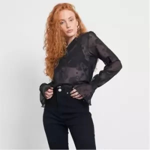 I Saw It First Mesh Floral Applique Shirt - Black