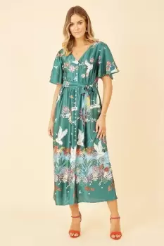 Green Satin Crane Print Border Shirt Dress