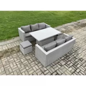 Fimous 6 Seater Outdoor Light Grey Rattan Lounge Complete Sofa Set with Height Adjustable Table and Stool