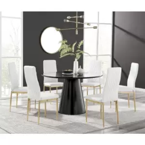 Furniturebox Palma Black Semi Gloss 120cm Round Minimalist Dining Table & 6 White Milan Gold Leg Chairs